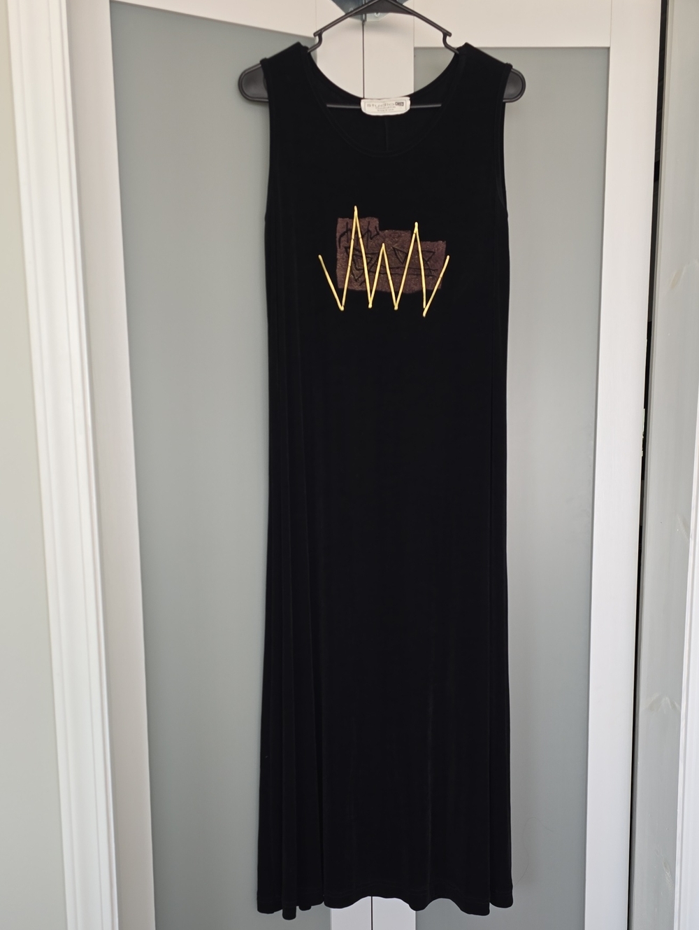 Vintage 90s Studio G Genuine Black Maxi Dress – Artsy Geometric Embroidered Art-